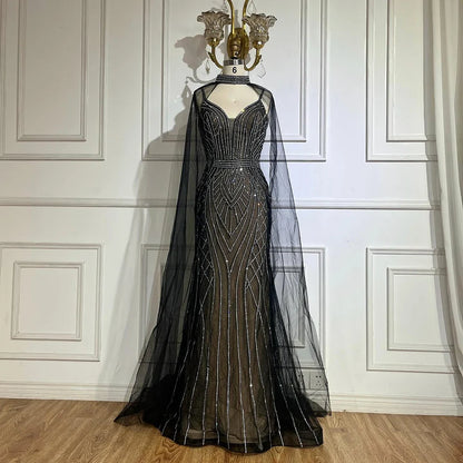 Luxury Dubai   Saudi Green Mermaid Arabic Evening Dresses with Beaded Cape Sleeves for Formal Occasion LA72838