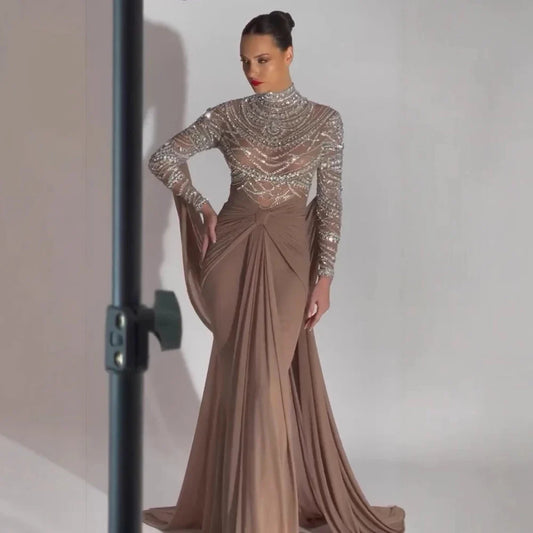 Luxury Designer Modest Brown Stretch Material Mermaid Evening Dress LA72993
