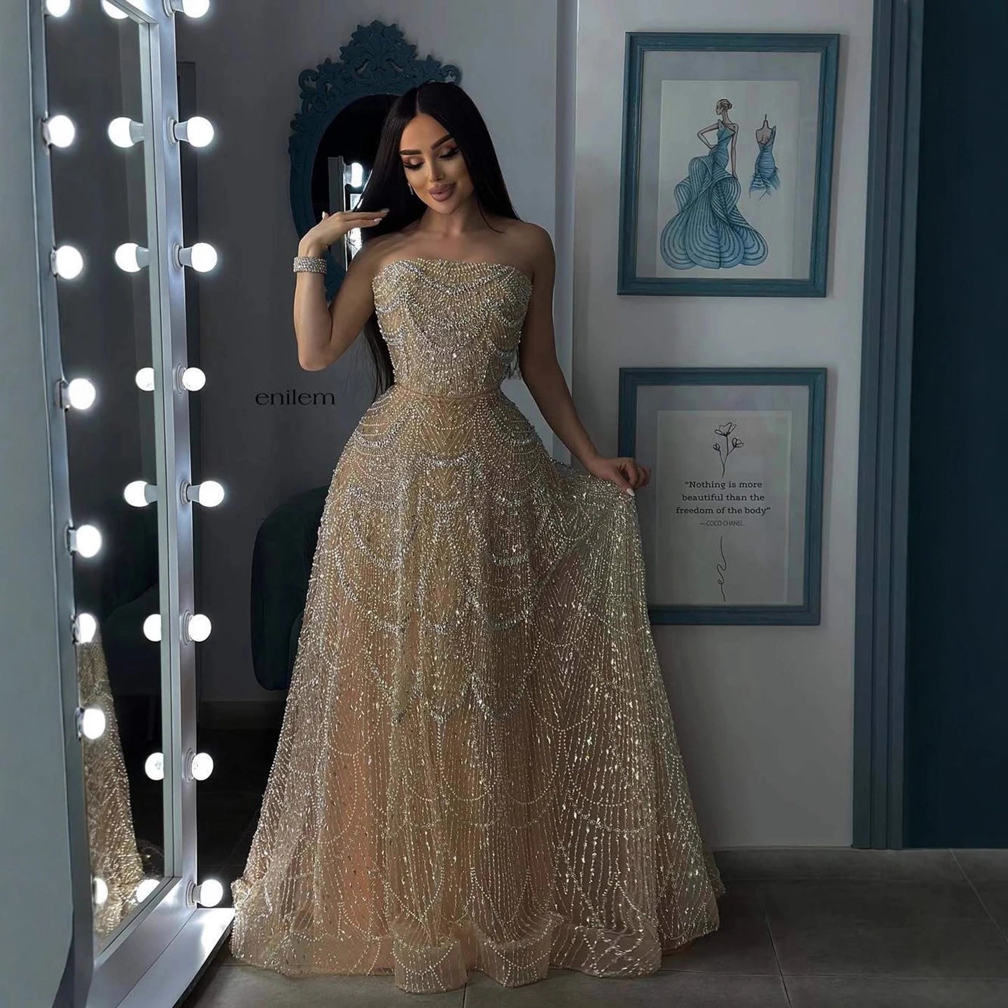 Luxury Nude A-Line Evening Dress with Pearls and Crystals LA72983A