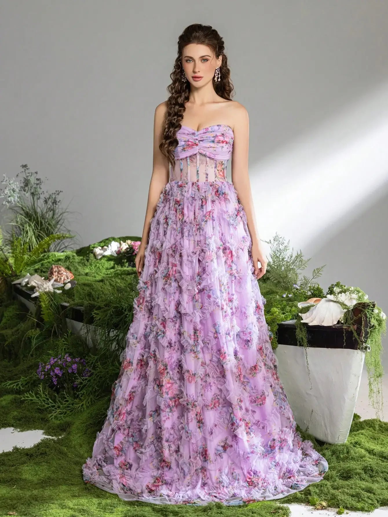 Pink A-Line Tulle Printed Ruffle Tiered Prom Dress LA73275