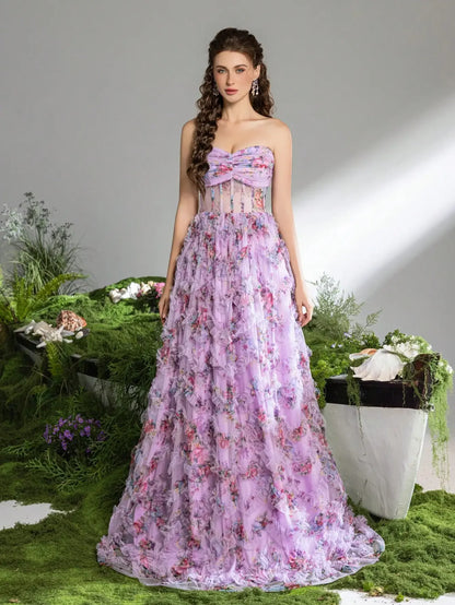 Pink A-Line Tulle Printed Ruffle Tiered Prom Dress LA73275