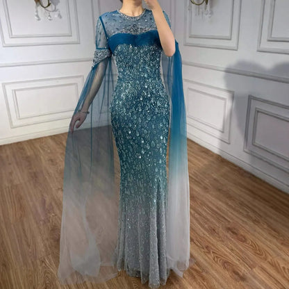 Luxury Arabic Gradient Green Mermaid Evening Dress With Cape LA73414