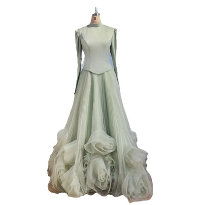 Luxury Sage Green Modest Muslim 3D Flower A-Line Evening Dress LA72913B