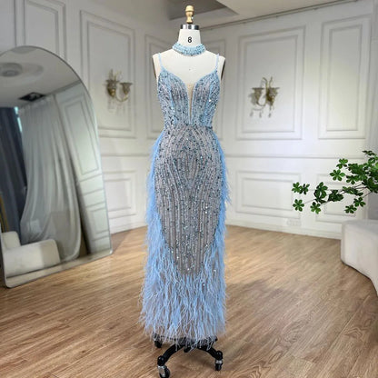 White Nude Mermaid Spaghetti Strap Beaded Feather Evening Dress Gown LA72047