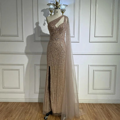 Luxury Caramel Beaded Mermaid Evening Dress with One Shoulder Cape LA73085