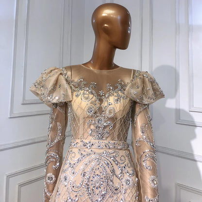 Luxury Nude Beaded Mermaid Evening Dress with Overskirt LA71352