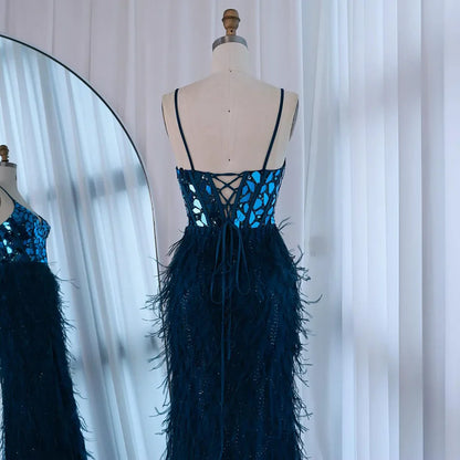 Luxury Peacock Blue Feather Evening Dress with Mirror Beaded Bodice LA73008