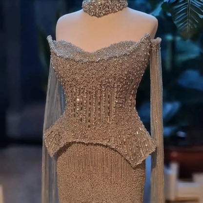 Luxury Gray Beaded Off-Shoulder Evening Dress with Cape Sleeves LA73076