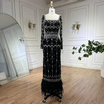 Muslim Luxury Feather Ankle Evening Dress with Long Sleeves LA71722