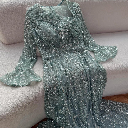 Luxury Turquoise Beaded A-Line Evening Dress with Puffy Sleeves LA73177