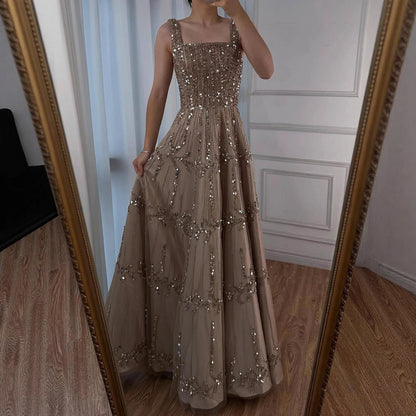 Elegant Sage Green Beaded A-Line Evening Dress LA73064