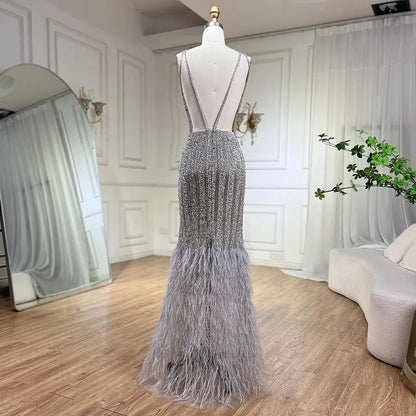 Luxury Silver Feather Mermaid V-Neck Evening Dress LA60749