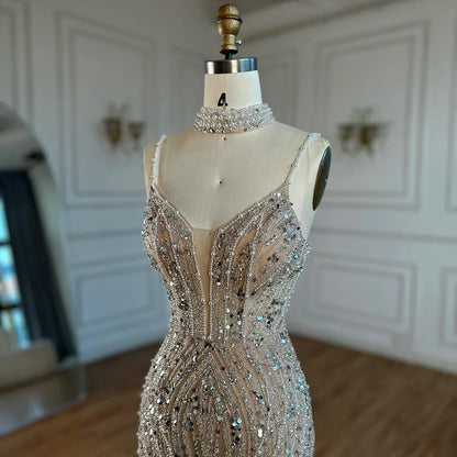 White Nude Beaded Evening Dress with Spaghetti Straps LA72047D
