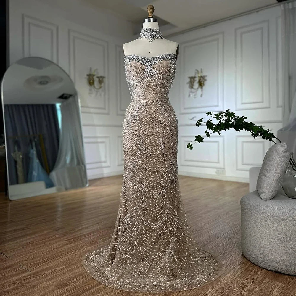 Luxury White Nude Beaded Mermaid Evening Dress LA72802