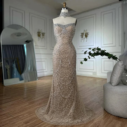 Luxury White Nude Beaded Mermaid Evening Dress LA72802