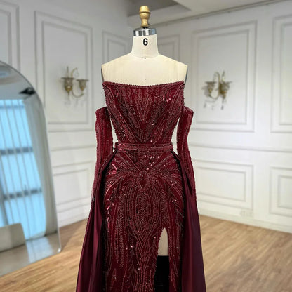 Luxury Wine Red Beaded Evening Dress Gown with Gloves and Overskirt LA72935