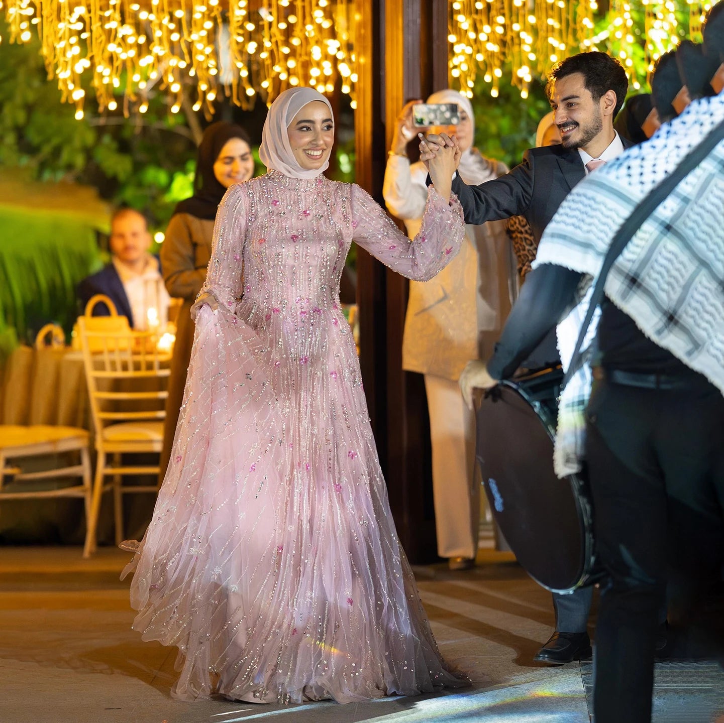 Luxury Pink Arabic Modest Muslim A-Line Crystal Beaded Evening Dress LA73363