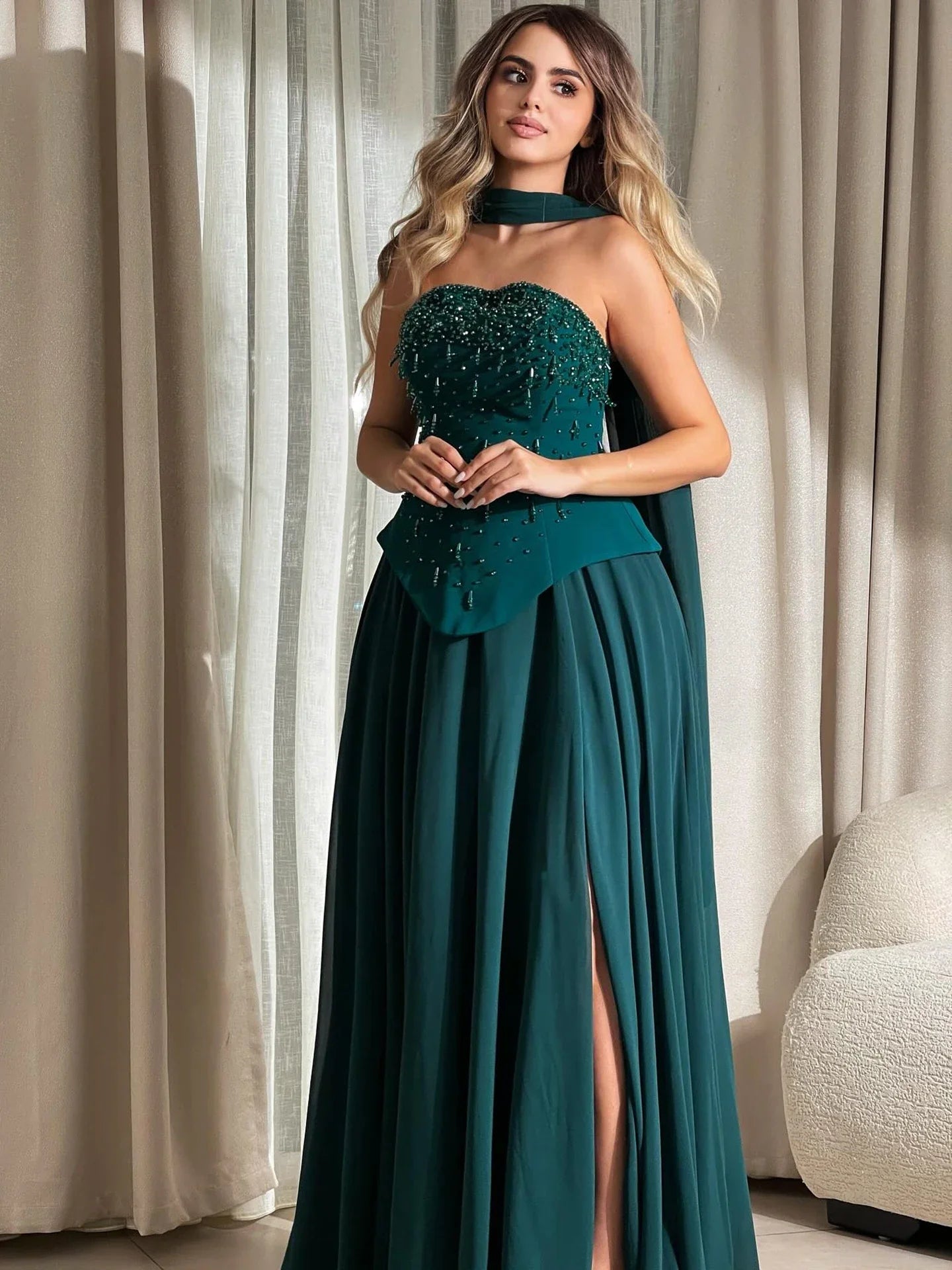 Luxury Green Beaded Corset Evening Dress with Cape LA73367