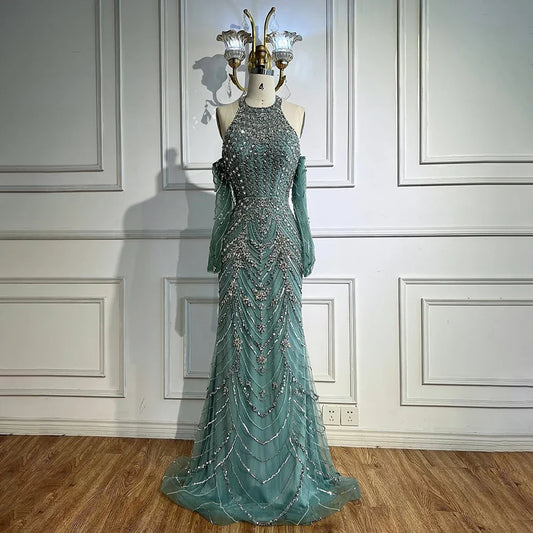 Luxury Turquoise Halter  Mermaid Evening Dress LA72980