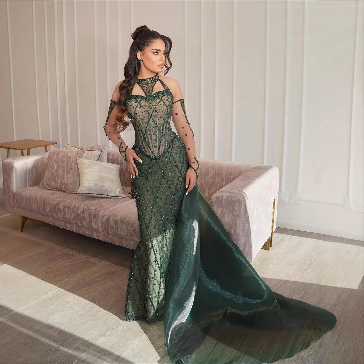 Luxury Green Halter Beaded Dubai Corset Evening Dress LA73322