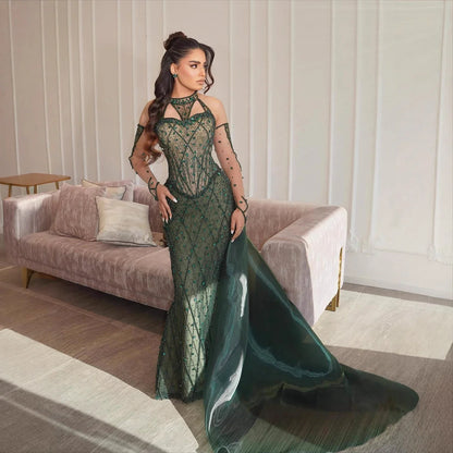 Luxury Green Halter Beaded Dubai Corset Evening Dress LA73322