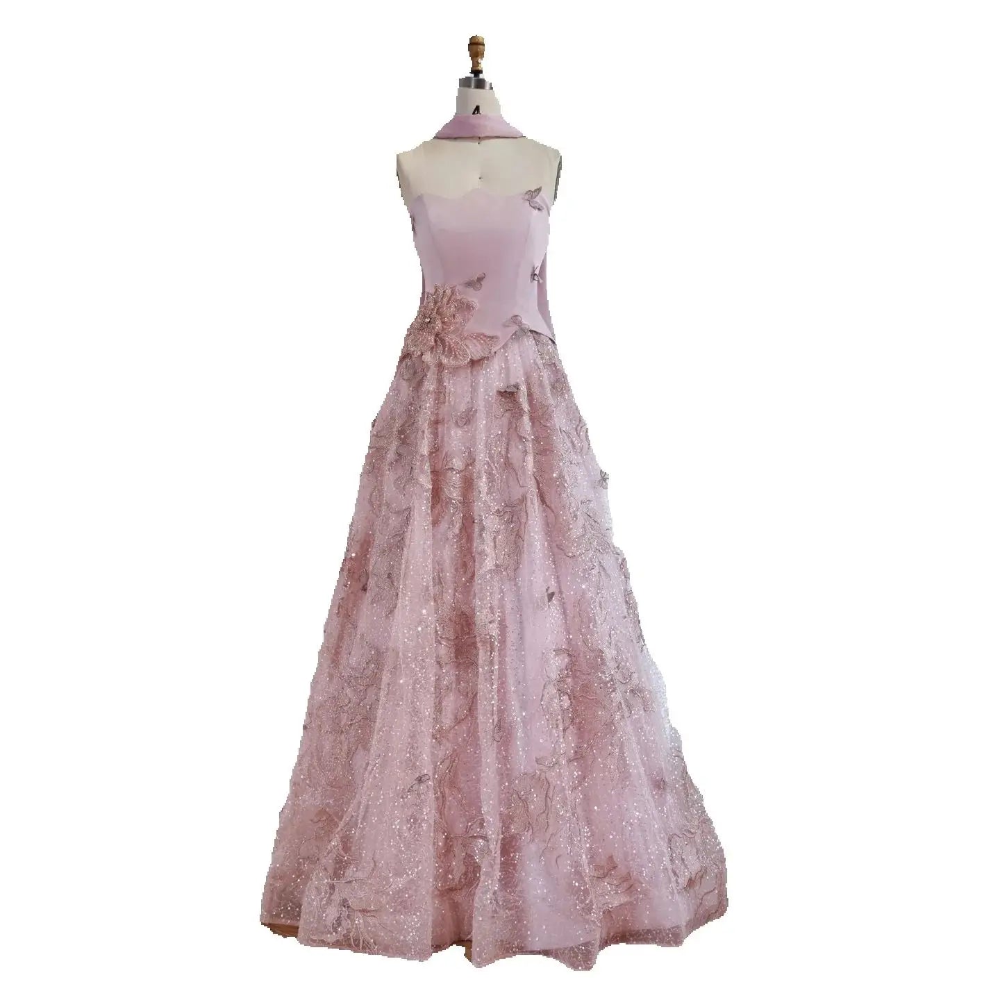 فستان سهرة فاخر وردي اللون مكون من قطعتين بتصميم A-Line مع كاب LA73415