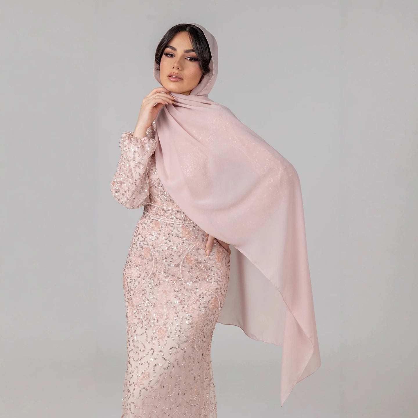Luxury Pink Pearls Beaded Muslim Mermaid Evening Dress LA73417