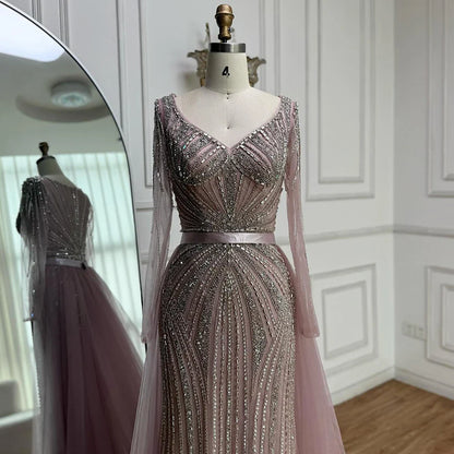 Luxury Nude Beaded Evening Dress with Detachable Overskirt LA73156