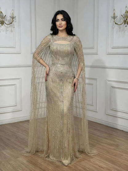 Luxury Blue Diamond Evening Dress With Cape LA73426