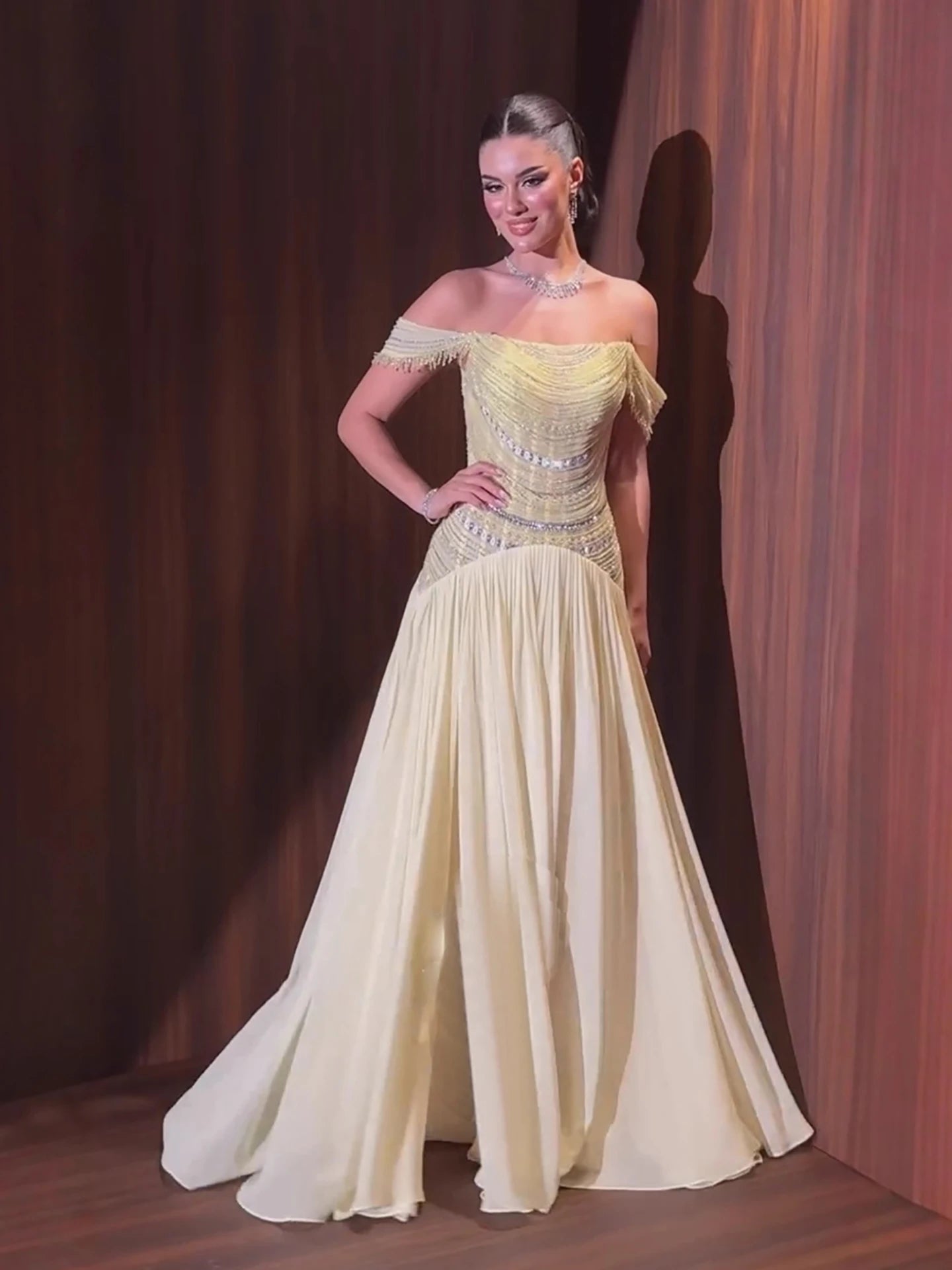 Luxury Evening Dress Yellow Off Shoulder Beaded A-Line Gown LA73350