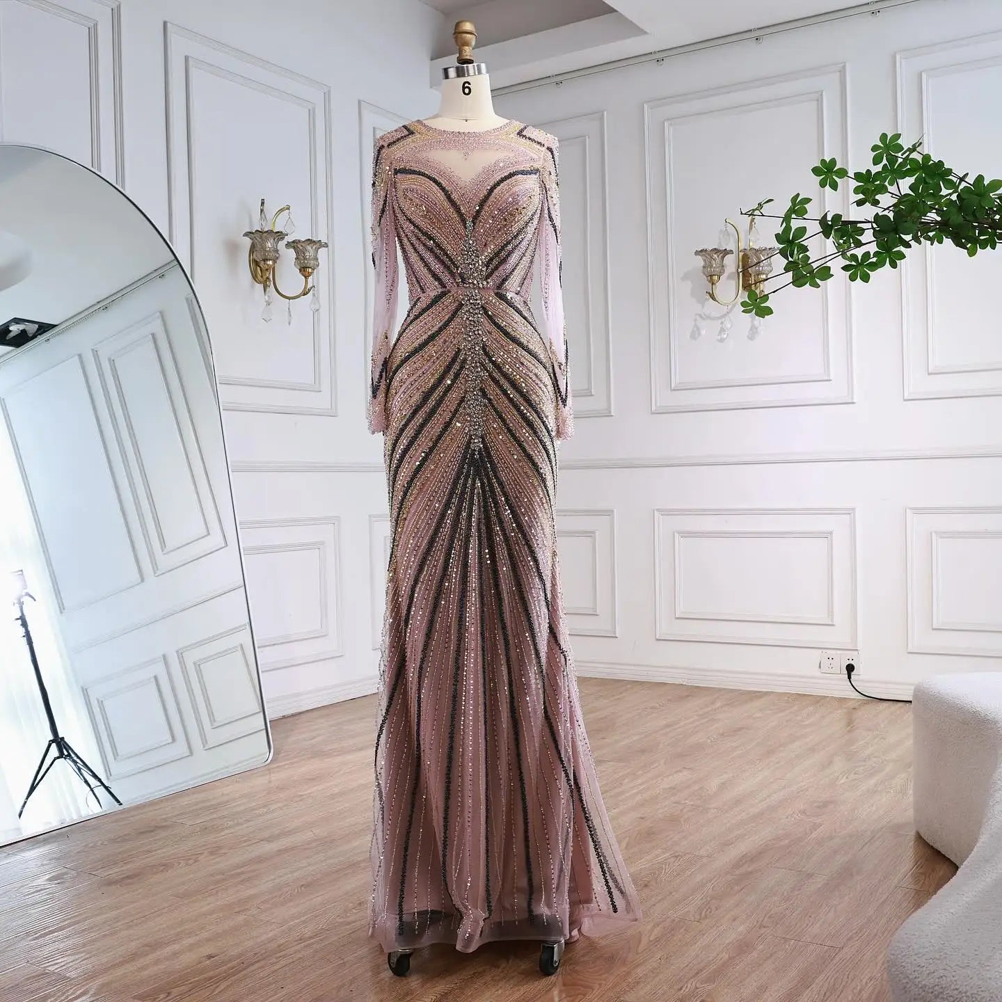 Luxury Pink Modest Dubai Mermaid  Evening  Dress  Long Sleeevs 2026 LA73213