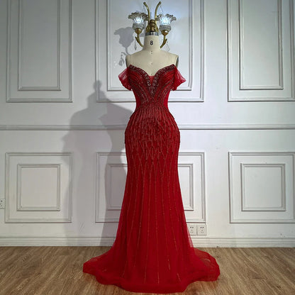 Saudi Arabic Off Shoulder Nude Beaded Tulle Mermaid Evening Gown LA72854