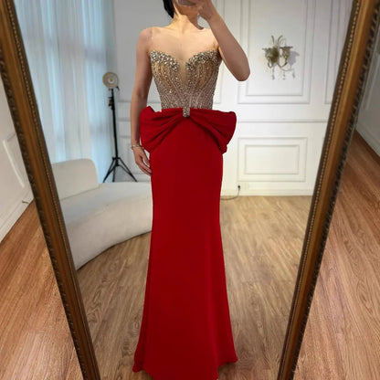 Designer Red Satin Evening Dress with Bow LA73060