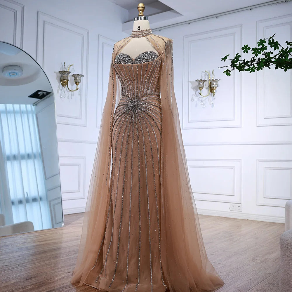 Nude Luxury Beaded Mermaid Evening Gown with Cape Sleeves LA72811A