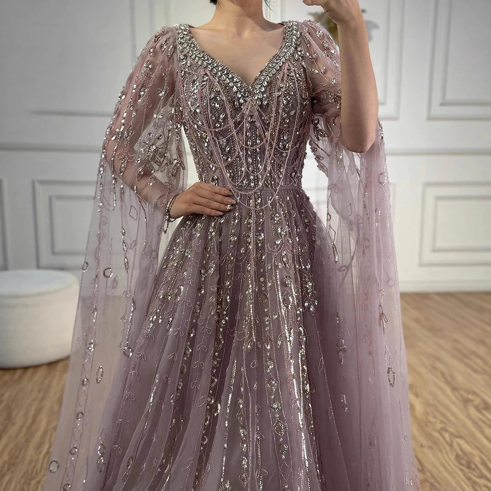 Luxury Nude Beaded Evening Dress with Cape Sleeves for Formal Occasion LA72764A