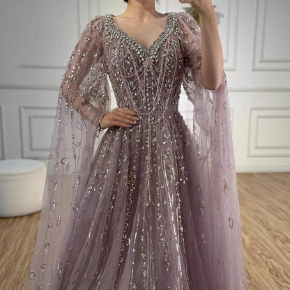 Luxury Nude Beaded Evening Dress with Cape Sleeves for Formal Occasion LA72764A