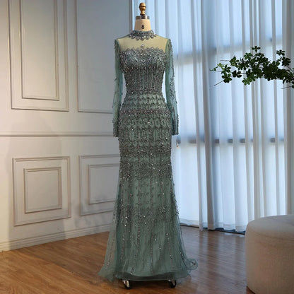 Luxury Arabic Turquoise Beaded Mermaid Evening Dress Long Sleeve LA72714C