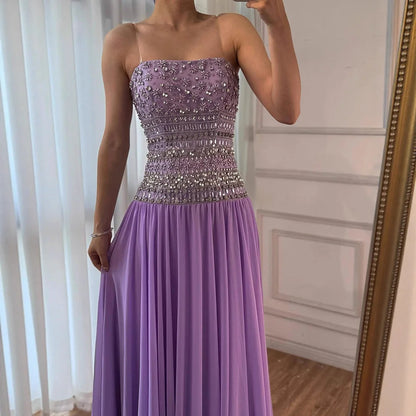 Lilac Strapless Beaded A Line Arabic Evening Dress LA73044