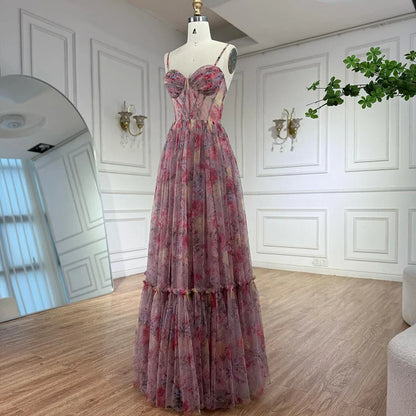 Luxury Pink A-Line Tulle Printed Ruffle Tiered Prom Dress LA73149