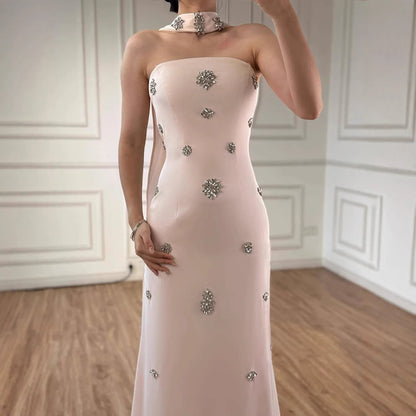 Luxury Blue Arabic Mermaid Crystal Evening Dress with Cape LA73100