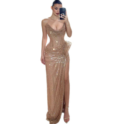 Luxury Rose Gold Saudi Arabic Beaded High Split Evening Dress LA72807B