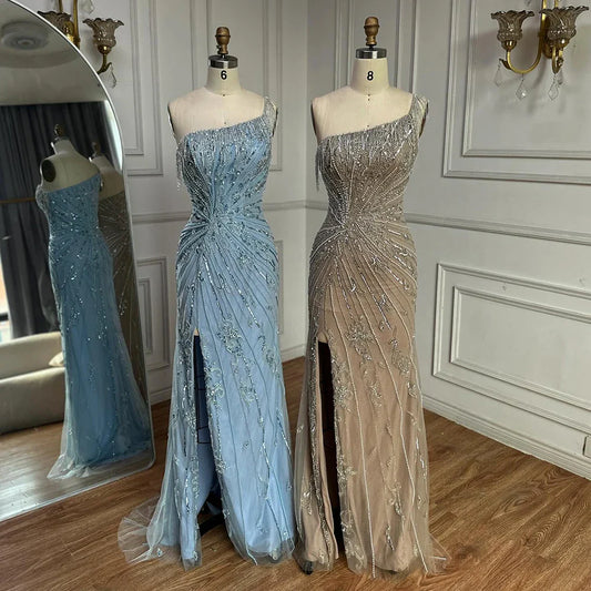 Luxury Caramel One Shoulder Beaded Slit Evening Gown with Tassel Detail LA72926