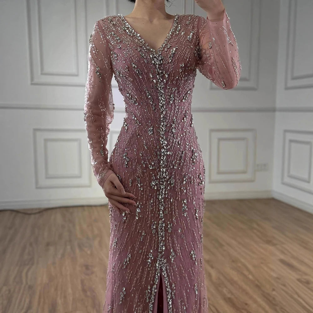 Luxury Turquoise Crystal Beaded Evening Dress Elegant Slit Gown LA73179