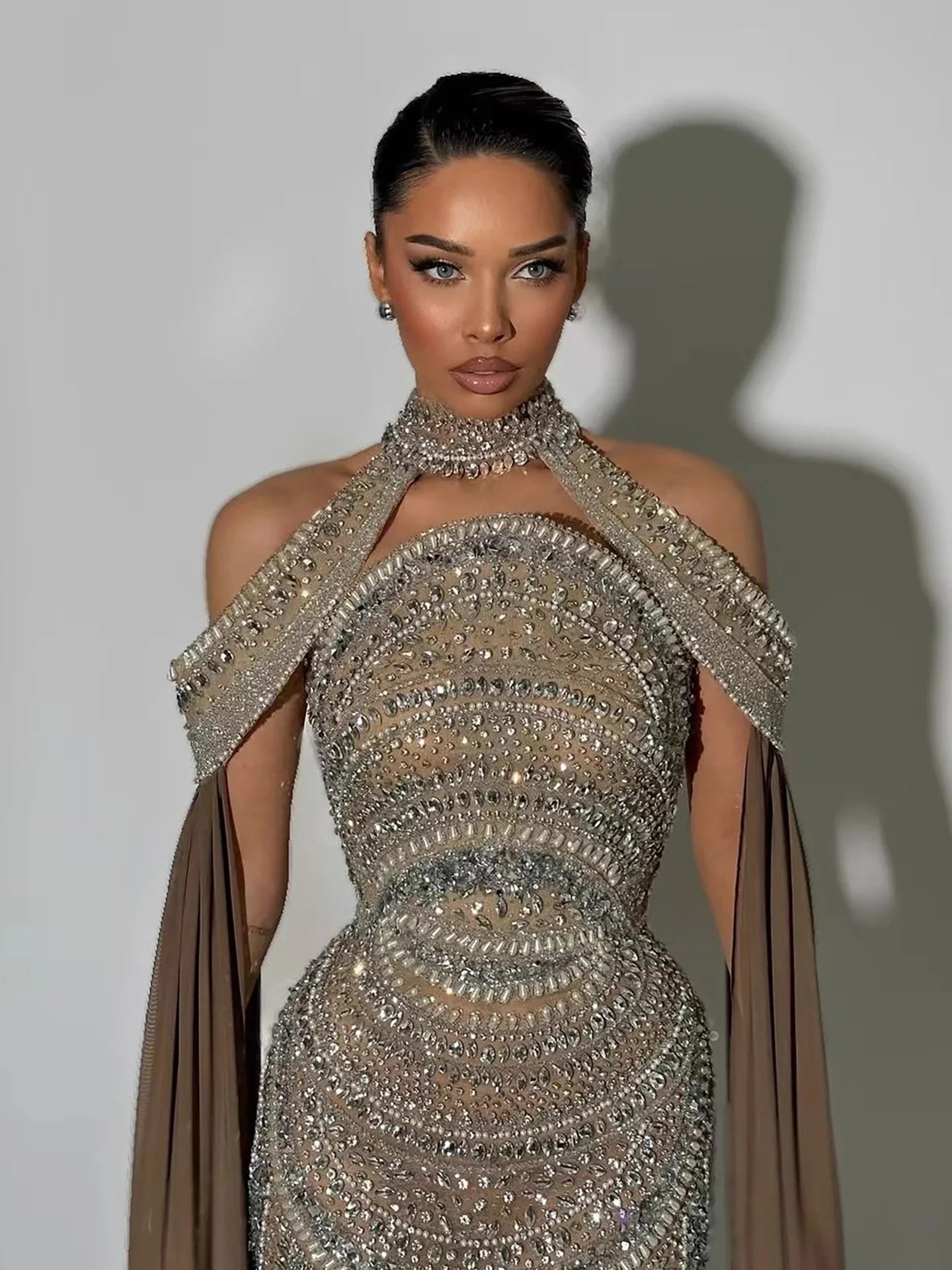 Luxury Caramel Kosovo Beaded Evening Dress with Cape LA73344