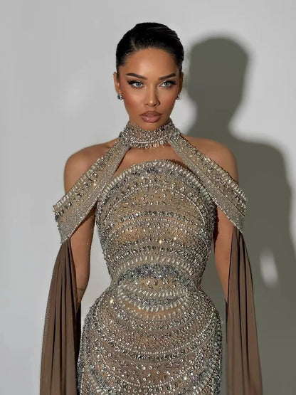 Luxury Caramel Kosovo Beaded Evening Dress with Cape LA73344