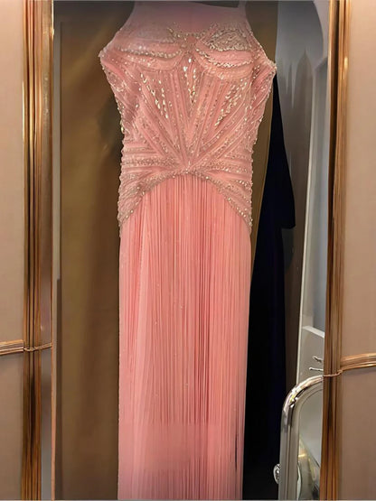 Luxury Crystal Pink Beaded Tassel Evening Dress LA73446