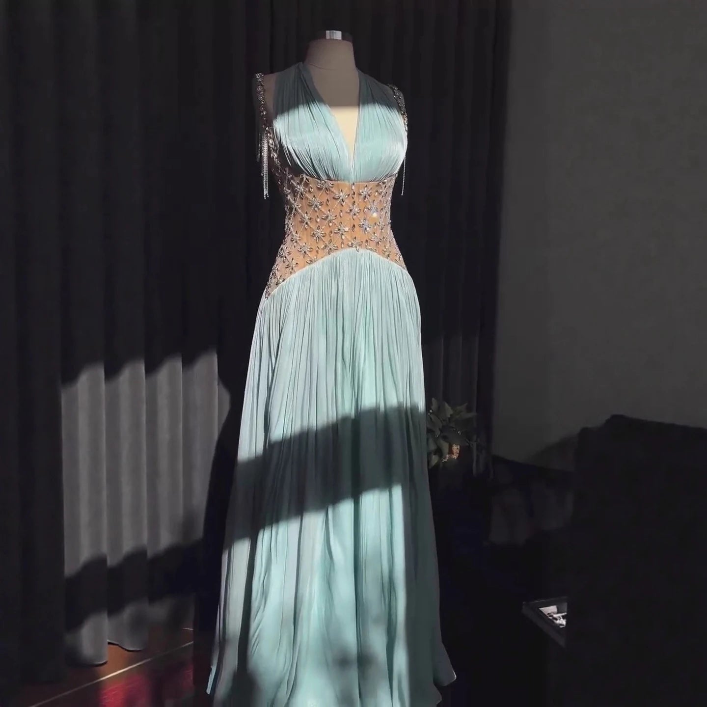 Luxury Turquoise Crystal Beaded A-Line Evening Dress LA73421