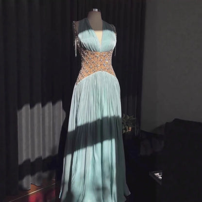 Luxury Turquoise Crystal Beaded A-Line Evening Dress LA73421