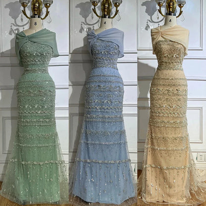 Luxury Sage Green Beaded Evening Dress with Cape LA72126B