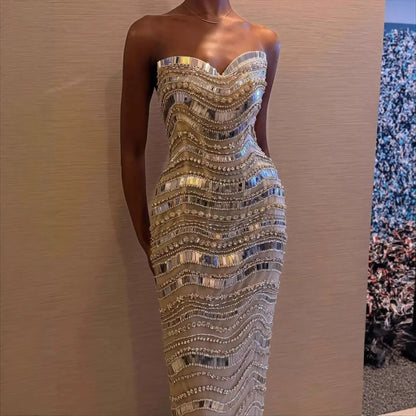 Luxury Silver Nude Beaded Mermaid Evening Dress LA73449